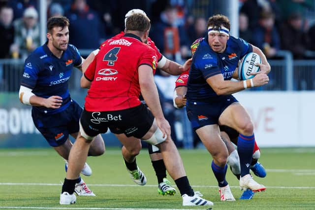 Hamish Watson (right) in action for Edinburgh during a BKT URC match against Emirates Lions at the Hive Stadium, on October 28. (Photo by Ross Parker / SNS Group)