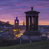 A scenic view across Edinburgh, taking in the business district, from Calton Hill