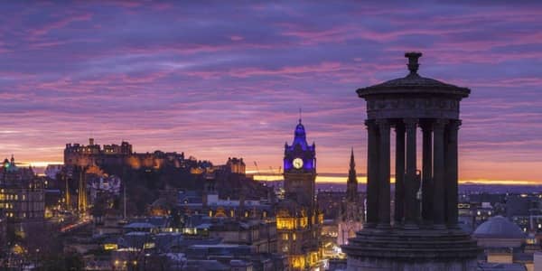 A scenic view across Edinburgh, taking in the business district, from Calton Hill