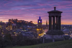 A scenic view across Edinburgh, taking in the business district, from Calton Hill
