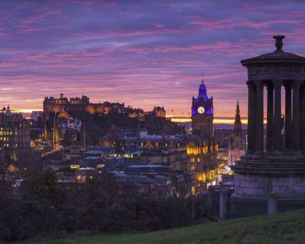 A scenic view across Edinburgh, taking in the business district, from Calton Hill