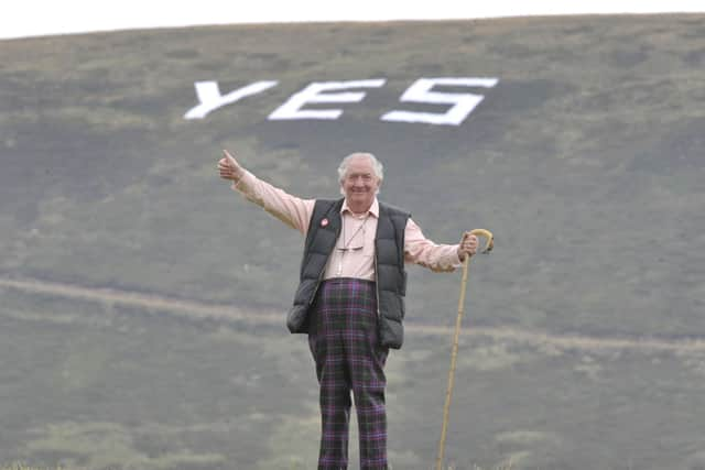 Peter de Vink with the giant 'Yes' sign he painted on a hillside near his home in 2014