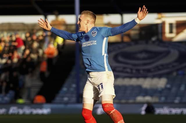 Ronan Curtis celebrates Pompey's second goal against Fleetwood.