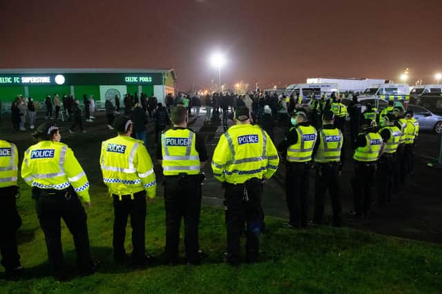 Celtic fans gather outside Celtic Park after a Betfred Cup defeat to Ross County on November 29, 2020, in Glasgow, Scotland. (Photo by Alan Harvey / SNS Group)