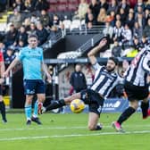 Dundee FC's Max Anderson makes it 1-0 during a Cinch Premiership match between St Mirren and Dundee, on October 30, in Paisley, Scotland. (Photo by Roddy Scott / SNS Group)