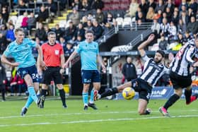 Dundee FC's Max Anderson makes it 1-0 during a Cinch Premiership match between St Mirren and Dundee, on October 30, in Paisley, Scotland. (Photo by Roddy Scott / SNS Group)