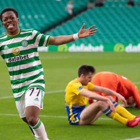 Karamoko Dembele scores his first senior goal, to bring up the 4-0 win over St Johnstone. A strike that should earn him a first senior start in the club's final game of the season, away to Hibs on Saturday. (Photo by Paul Devlin / SNS Group)