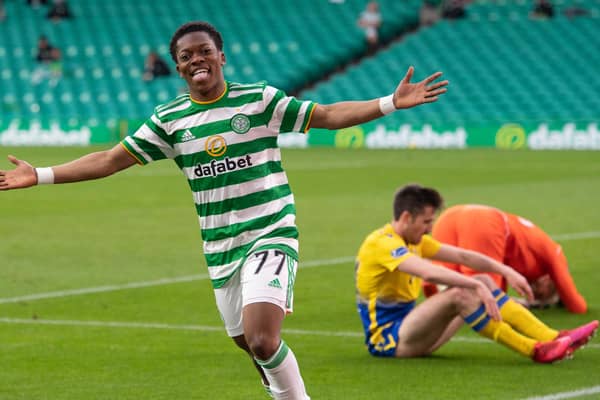 Karamoko Dembele scores his first senior goal, to bring up the 4-0 win over St Johnstone. A strike that should earn him a first senior start in the club's final game of the season, away to Hibs on Saturday. (Photo by Paul Devlin / SNS Group)