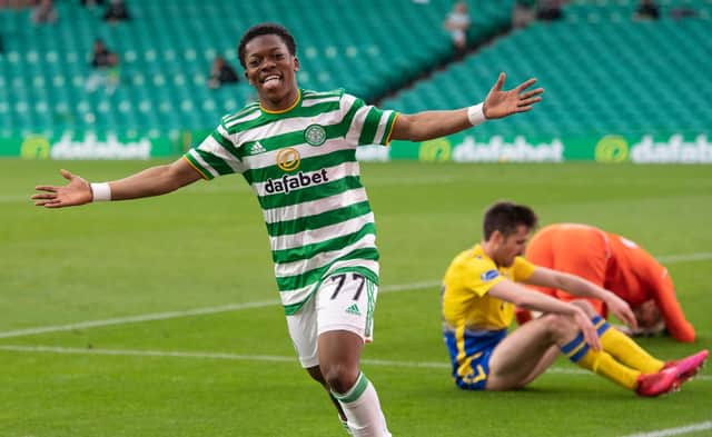 Karamoko Dembele scores his first senior goal, to bring up the 4-0 win over St Johnstone. A strike that should earn him a first senior start in the club's final game of the season, away to Hibs on Saturday. (Photo by Paul Devlin / SNS Group)