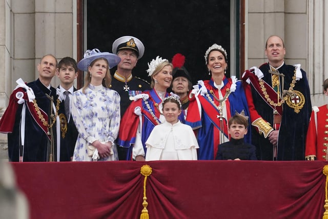 (left to right) the Duke of Edinburgh, the Earl of Wessex, Lady Louise Windsor, Vice Admiral Sir Tim Laurence ,the Duchess of Edinburgh, the Princess Royal, Princess Charlotte, the Princess of Wales, Prince Louis, the Prince of Wales on the balcony of Buckingham Palace, London, to view a flypast by aircraft from the Royal Navy, Army Air Corps and Royal Air Force - including the Red Arrows, following their coronation.