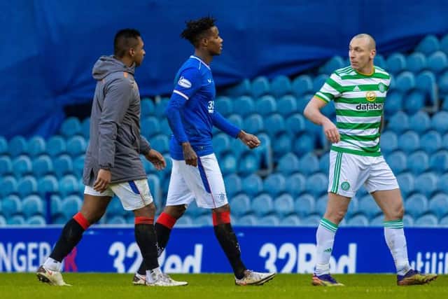 Rangers' Alfredo Morelos and Bongani Zungu and Celtic captain Scott Brown after the Scottish Premiership match at Ibrox (Photo by Alan Harvey / SNS Group)