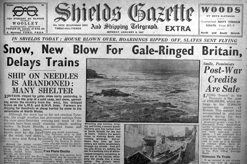 A derelict house was blown over and slates flew off roofs as South Shields was battered by winter storms in 1947.