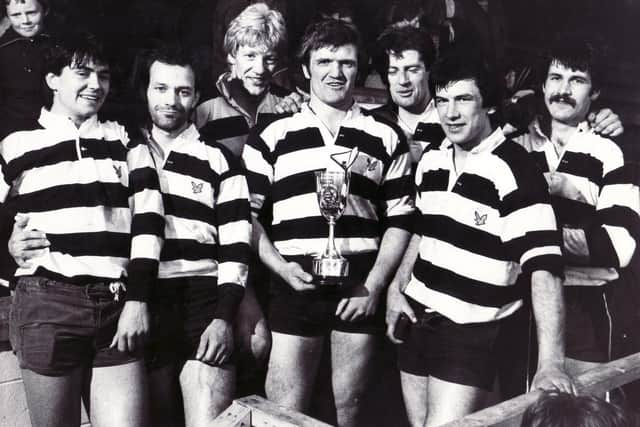 Gary Callander, third from right, with Kelso's triumphant team after the 1984 Melrose Sevens. From left: Roger Baird, Andrew Ker, John Jeffrey, Eric Paxton, Callander, Bob Hogarth and Euan Common. Picture: Hamish Campbell