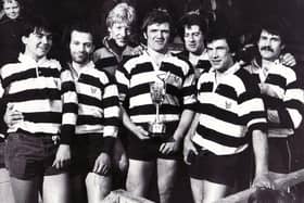 Gary Callander, third from right, with Kelso's triumphant team after the 1984 Melrose Sevens. From left: Roger Baird, Andrew Ker, John Jeffrey, Eric Paxton, Callander, Bob Hogarth and Euan Common.  Picture: Hamish Campbell