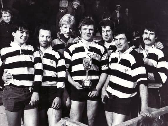 Gary Callander, third from right, with Kelso's triumphant team after the 1984 Melrose Sevens. From left: Roger Baird, Andrew Ker, John Jeffrey, Eric Paxton, Callander, Bob Hogarth and Euan Common. Picture: Hamish Campbell