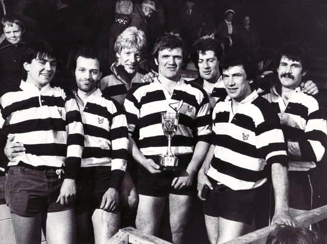 Gary Callander, third from right, with Kelso's triumphant team after the 1984 Melrose Sevens. From left: Roger Baird, Andrew Ker, John Jeffrey, Eric Paxton, Callander, Bob Hogarth and Euan Common.  Picture: Hamish Campbell