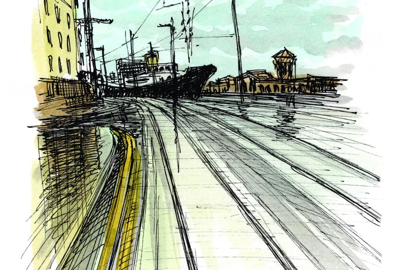 This year also saw the trams heading down Leith Walk and along to Newhaven. Those silvery tracks help show perspective and depth in this sketch as the Fingal hotel seems to be floating along Ocean Drive.