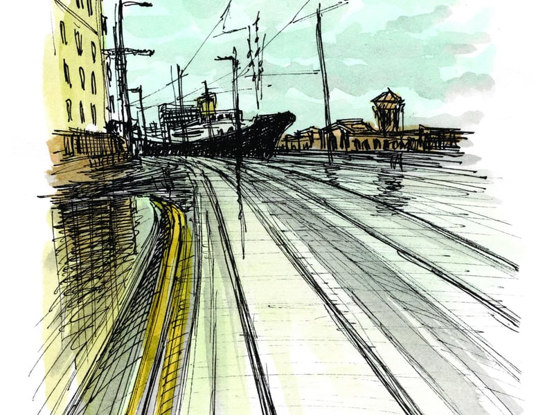 This year also saw the trams heading down Leith Walk and along to Newhaven. Those silvery tracks help show perspective and depth in this sketch as the Fingal hotel seems to be floating along Ocean Drive.