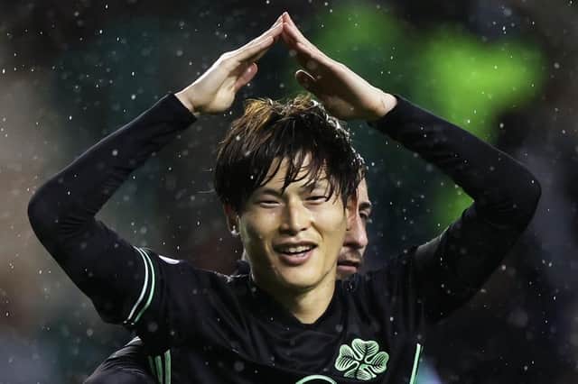 Celtic's Kyogo Furuhashi celebrates his goal in the 3-1 win over Hibs at Easter Road. (Photo by Craig Williamson / SNS Group)