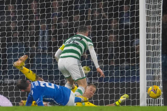 Joe Hart makes a crucial save from Christian Doidge during Celtic's 2-0 Viaplay Cup semi-final win over Kilmarnock on Saturday evening (Photo by Craig Foy / SNS Group)