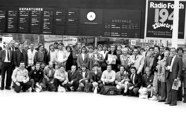 Some of the 300+ miners sacked by British Coal (NCB) during the miners' strike of 1984/85 meet at Waverley station in Edinburgh on their way to London to lobby their MPs on their 'unfair dismissal' in June 1985.