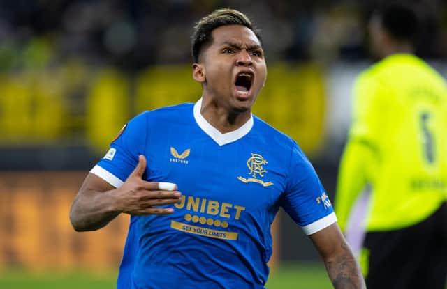 Alfredo Morelos celebrates after scoring against Borussia Dortmund at the Signal Iduna Park. (Photo by Alan Harvey / SNS Group)