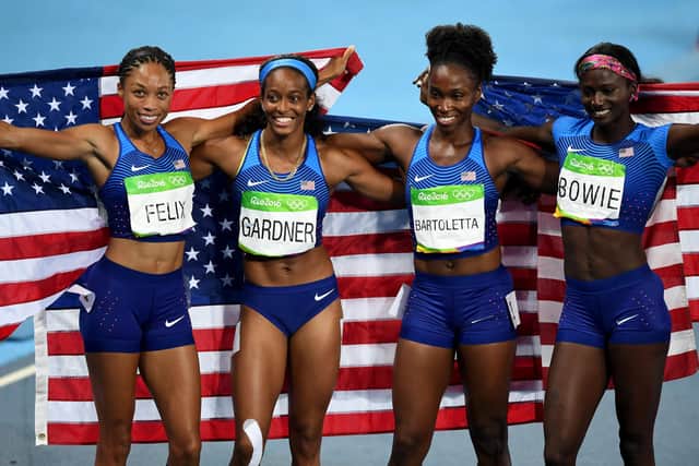 USA celebrate their victory in the women's 4x100m relay at the Rio Olympics, one of 13 gold medals won by the American track and field team at the 2016 Games.  Picture: Shaun Botterill/Getty Images