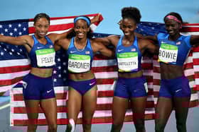 USA celebrate their victory in the women's 4x100m relay at the Rio Olympics, one of 13 gold medals won by the American track and field team at the 2016 Games.  Picture: Shaun Botterill/Getty Images