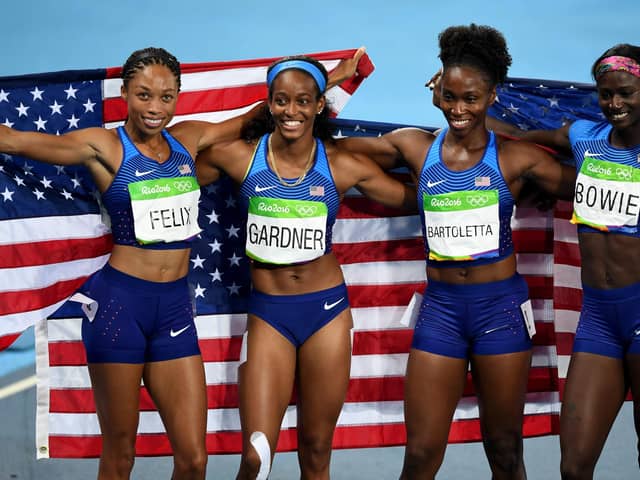 USA celebrate their victory in the women's 4x100m relay at the Rio Olympics, one of 13 gold medals won by the American track and field team at the 2016 Games.  Picture: Shaun Botterill/Getty Images