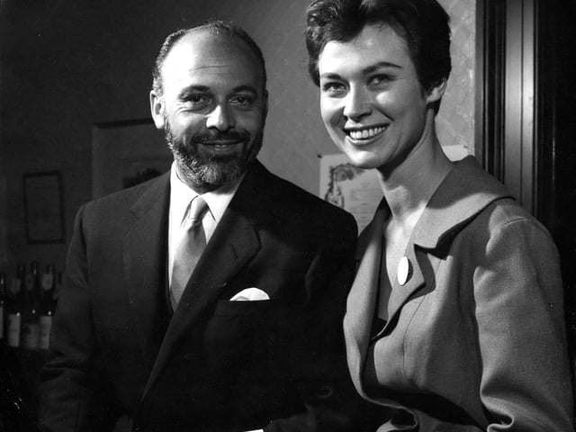 Herbert Lom and Gia Scala attending the premiere of 'I Aim at the Stars' at the New Victoria Cinema in 1960.