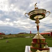 The Ryder Cup trophy perched on the first tee during practice rounds prior to the 43rd Ryder Cup at Whistling Straits. (Photo by Warren Little/Getty Images)