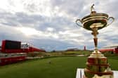The Ryder Cup trophy perched on the first tee during practice rounds prior to the 43rd Ryder Cup at Whistling Straits. (Photo by Warren Little/Getty Images)