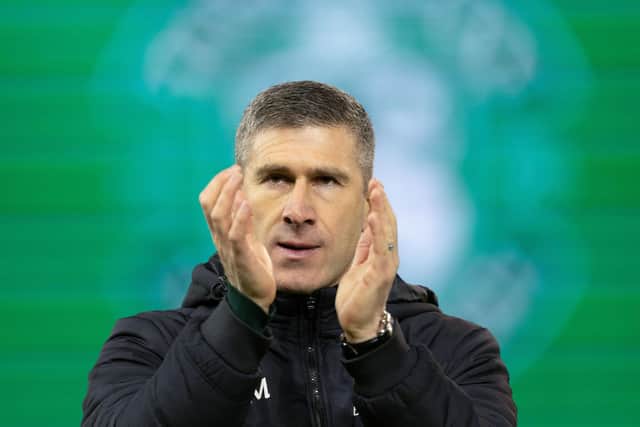 Hibs manager Nick Montgomery at full time after the 1-0 defeat to Hearts. (Photo by Ross Parker / SNS Group)
