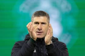 Hibs manager Nick Montgomery at full time after the 1-0 defeat to Hearts. (Photo by Ross Parker / SNS Group)