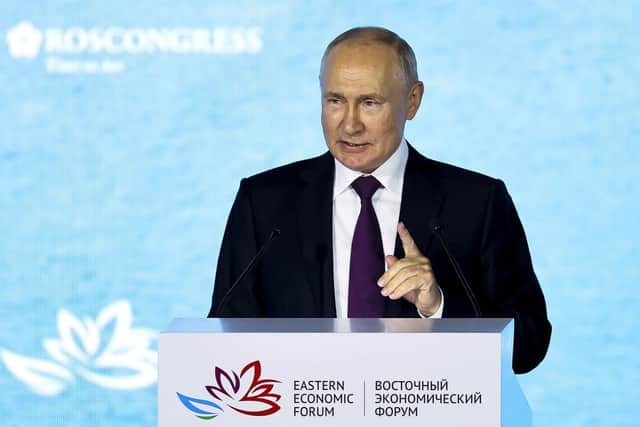Russian President Vladimir Putin addresses a plenary session of the Eastern Economic Forum in Vladivostok, Russia.