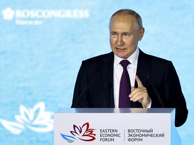 Russian President Vladimir Putin addresses a plenary session of the Eastern Economic Forum in Vladivostok, Russia.