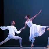 (left to right) Christopher R Wilson, Ashley Mayeux and James Gilmer, from leading contemporary dance company Alvin Ailey American Dance Theater perform an excerpt from the UK premiere of 'Are You in Your Feelings?' at the Festival Theatre during the Edinburgh International Festival. Photo: Jane Barlow/PA Wire