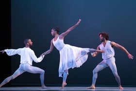 (left to right) Christopher R Wilson, Ashley Mayeux and James Gilmer, from leading contemporary dance company Alvin Ailey American Dance Theater perform an excerpt from the UK premiere of 'Are You in Your Feelings?' at the Festival Theatre during the Edinburgh International Festival. Photo: Jane Barlow/PA Wire