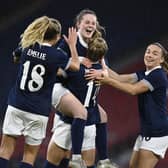 Scotland's Emma Watson celebrates after making it 1-0 during an international friendly match between Scotland and Costa Rica at Hampden Park, on April 11, 2023, in Glasgow, Scotland. (Photo by Rob Casey / SNS Group)