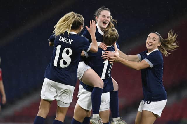 Scotland's Emma Watson celebrates after making it 1-0 during an international friendly match between Scotland and Costa Rica at Hampden Park, on April 11, 2023, in Glasgow, Scotland. (Photo by Rob Casey / SNS Group)