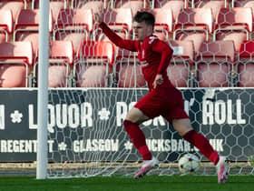 Ben Doak celebrates as he scores for Liverpool to make it 4-3 during a UEFA Youth League match between Rangers and Liverpool at Firhill.