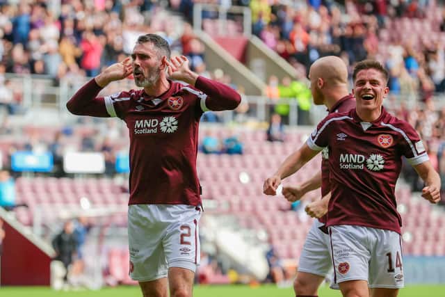Hearts' Michael Smith celebrates with Cammy Devlin after opening the scoring against Livingston at Tynecastle. Photo by Alan Harvey / SNS Group