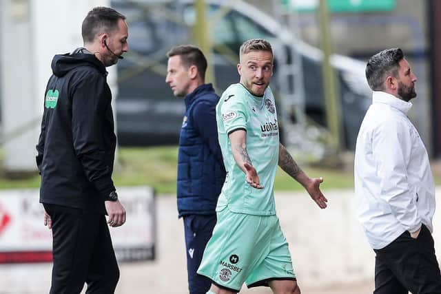 Hibs midfielder James Jeggo reacts as he is sent off against St Johnstone. (Photo by Ewan Bootman / SNS Group)