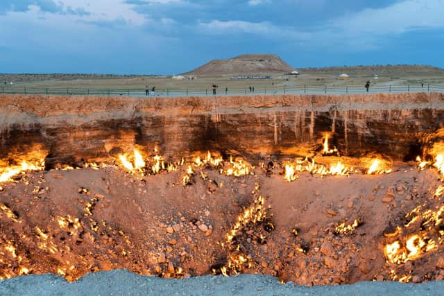 The fire of the Darwaza gas crater in the Karakum Desert in Turkmenistan.