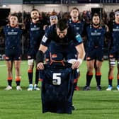 Edinburgh Captain Grant Gilchrist lays the No 5 jersey after the passing of Doddie Weir ahead of the kick-off against Munster.