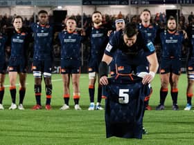 Edinburgh Captain Grant Gilchrist lays the No 5 jersey after the passing of Doddie Weir ahead of the kick-off against Munster.