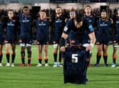 Edinburgh Captain Grant Gilchrist lays the No 5 jersey after the passing of Doddie Weir ahead of the kick-off against Munster.