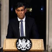 Prime Minister Rishi Sunak makes a statement outside 10 Downing Street (Photo by HENRY NICHOLLS/AFP via Getty Images)