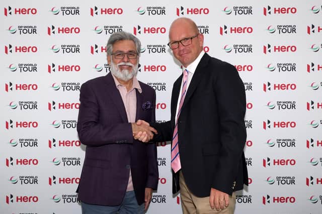 Dr Pawan Munjal, Chairman and CEO of Hero MotoCorp, and Guy Kinnings, European Ryder Cup Director and the DP World Tour’s Deputy CEO and Chief Commercial Officer, shake on the new Hero Cup. Picture: Warren Little/Getty Images.