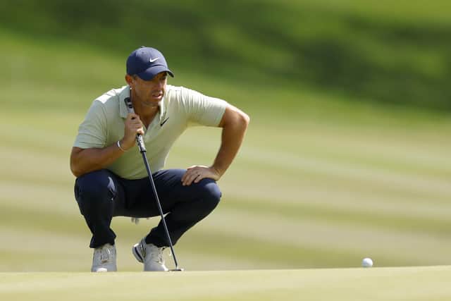 Rory McIlroy lines up a putt on the ninth green during the final round of The Players Championship at TPC Sawgrass in Ponte Vedra Beach, Florida. Picture: Mike Ehrmann/Getty Images.